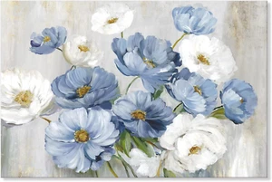 Blue Flower Picture Wall Decor White Floral Wall Art for Living Room Canvas Mode - Picture 1 of 8