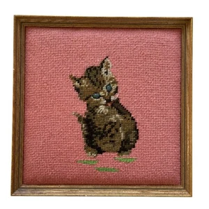 1977 Framed Cross-Stitch Kitten on Pink 10 x10 inches - Picture 1 of 4