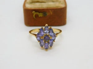 9ct Yellow Gold & Amethyst Set Floral Cluster Ring Vintage c1990 Birmingham - Picture 1 of 5