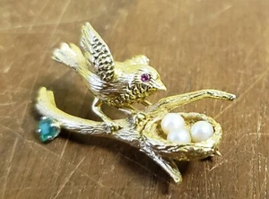Signed 18k Gold Canary Bird Ruby Pearl Eggs Nest Brooch Pin Estate VTG Figural - Picture 1 of 11