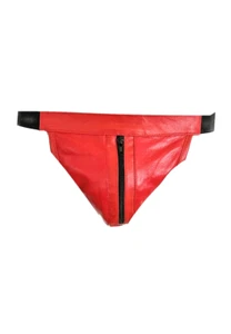 Men's Leather Jockstrap Red Genuine Leather Zipper Jocks #20 - Picture 1 of 5