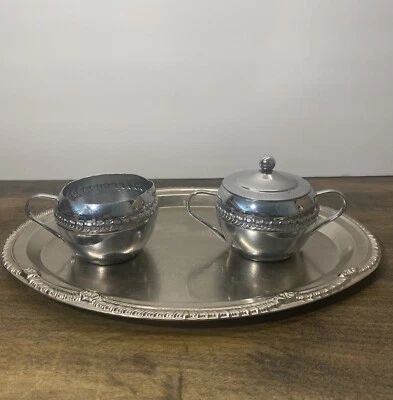 Vintage Chrome Creamer and Sugar Bowl Set with Lid & Matching Tray Box - Image 1 of 4