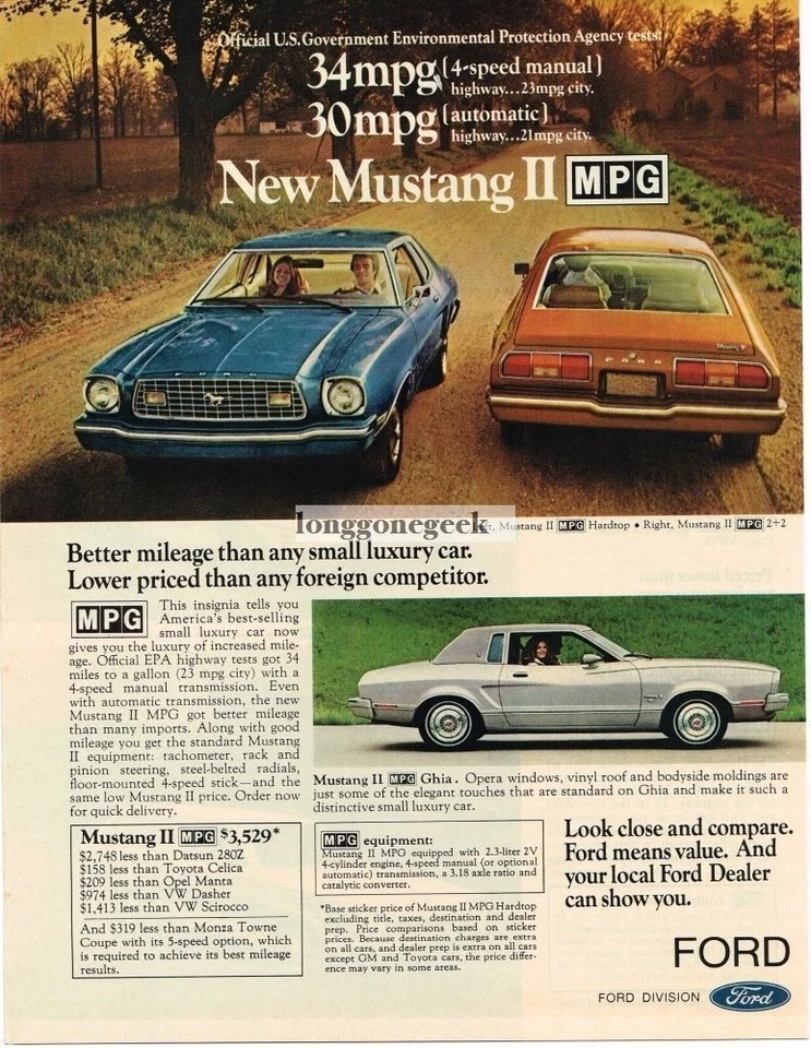 1975 Ford Mustang II MPG синий жесткий верх, коричневый 2 + 2, серебро Ghia винтажная реклама  - Изображение 1 из 1