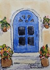 Door And Flowers - Original ACEO or ATC Unmatted watercolor painting