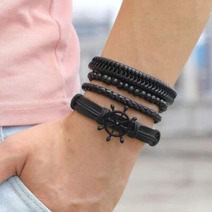 4pc Braided Leather Bracelets Beaded Set for Men Women Cuff Wristband Adjustable - Picture 1 of 1