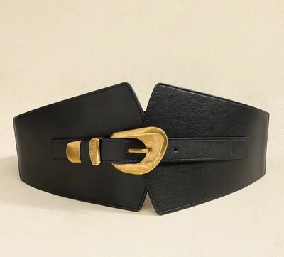 Black And Gold Wide Buckle Adjustable Stretchy Band Women’s Belt - Image 1 of 4