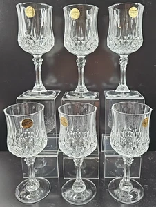 6 Cristal D'Arques Longchamp Water Goblets Set Crystal Clear Cut Etch France Lot - Picture 1 of 24