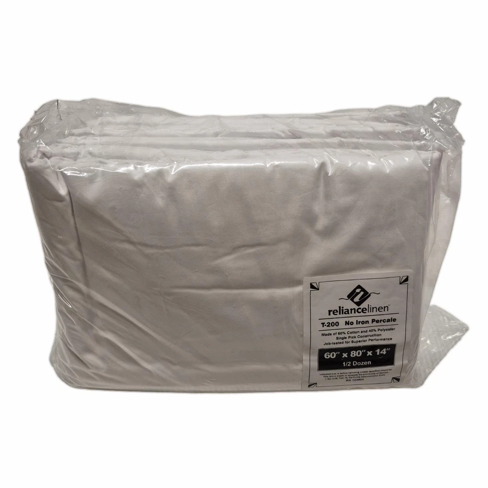Reliance Linen T-200 No Iron Percale Queen Fitted Sheets 60x80x14 – 6-Pack White - Image 1 of 1