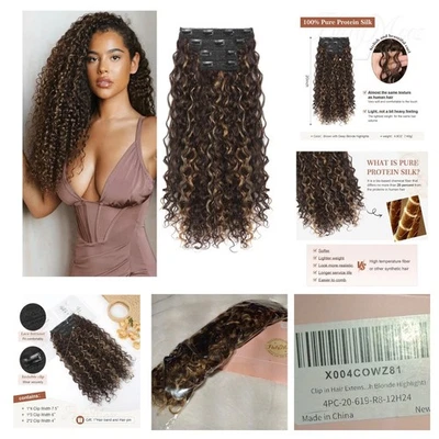 Extensiones de cabello rizadas con clip FlufyMooz 20” 4 piezas. Marrón con reflectores (NIP) Foto 1 de 4