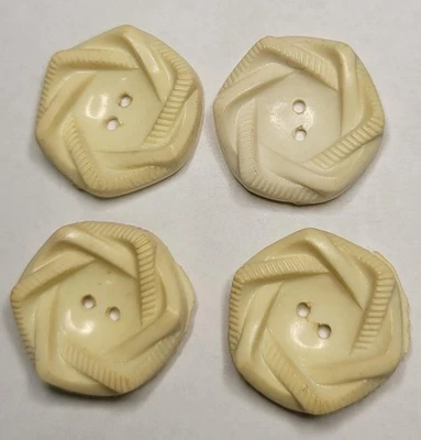 Vintage 1930s Cream Celluloid Buttons Set of 4 Carved Art Deco Sewing 1 Inch - Image 1 of 4