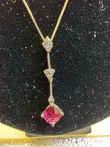 925 Sterling Silver Gold Filled Ruby & Diamond Necklace & Earrings Set 18" Chain - Picture 1 of 13