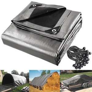 20x24 Ft Waterproof Poly Tarp with 25 Ball Bungees Protect Cover 10mil Tarpaulin - Picture 1 of 12