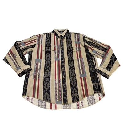 Wrangler Mens Aztec Western Shirt Large 17-35 Tan Red Blue Button Down - Image 1 of 4