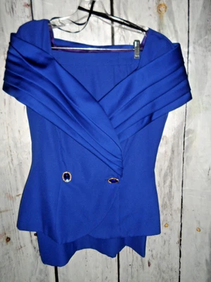 ALEX EVENINGS* ROYAL 蓝色裙子套装*尺寸:12*金色蓝色水钻纽扣*EXCE — 第 1/4 张图片