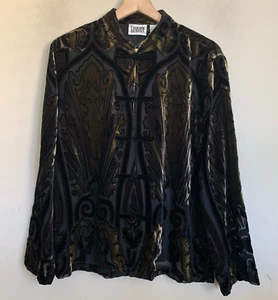 Chico’s Chinese Jacket Black Velour Green Sheer Abstract Frog Buttons Sz 1 (S/8) - Picture 1 of 9