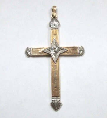 Vintage Real  10K Gold Yellow White Cross Pendant w/ Diamond Religious catholic - Image 1 of 4