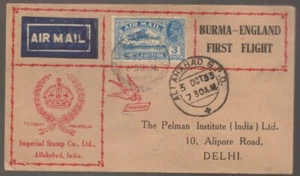 India 1933 1st Flight BURMA England Flight Imperial Stamp Cover - Delhi Back Cxl - Picture 1 of 2