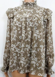 Blusa ANN TAYLOR Talla Mediana Beige con Volantes Flores Blancas y Cuello Alto Forrada - Imagen 1 de 16