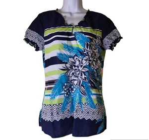 Koi Brianna Scrub Top Size S Dark Blue Striped Tropical Floral Palm Leaves - Picture 1 of 4