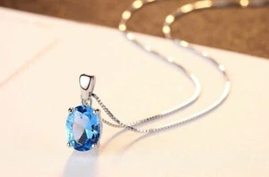 BENIAMINO Women's Chain Pendant 925 Sterling Silver Sky Blue Topas 1.8ct VVS  - Picture 1 of 10