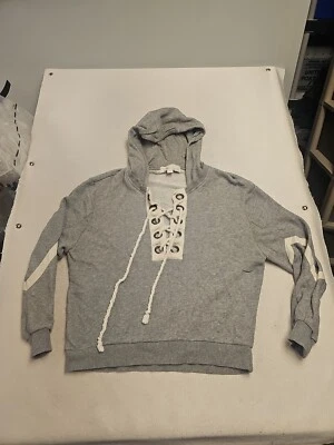 Pulôver com capuz vintage Havana feminino cinza lounge gravata M frente de renda Y2k - Imagem 1 de 4