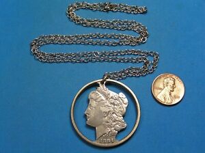 1884 USA Morgan Silver Dollar Hand-Crafted Chain Necklace Vintage Cut-Out
