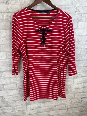 Top Susan Graver Weekend Tejido Plus 1X Rojo Blanco Rayas Con Cordones Náutico Costero Foto 1 de 4