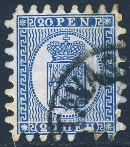 FINLANDIA 1866 20 Pluma Azul Brillante sobre Azul Ruleta 7.5 Tipo II Papel Tejido SG 36 FU - Imagen 1 de 2