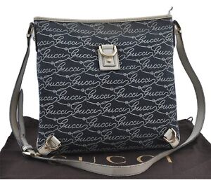Authentic GUCCI Abbey Shoulder Cross Body Bag Canvas Leather Navy Blue H5048
