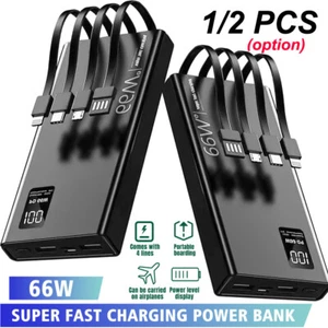 1-2PCS 66W 40000mAh Power Bank External Battery Fast USB Charger LCD W/ 4 Cables - Picture 1 of 19