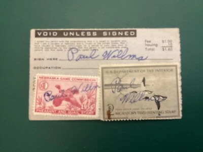 ICOLLECTZONE US RW23 Duck stamp 1956 & Nebraska Hunting stamp on license fresh - Image 1 of 2