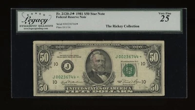 DBR 1981 $50 FRN Kansas City STAR Fr. 2120-J* Legacy 25 Serial J00236744* - Image 1 of 2