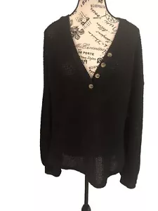 Heyson Womens 1XL Black Open Knit Pebbled Blouse VNeck Stretch - Picture 1 of 5