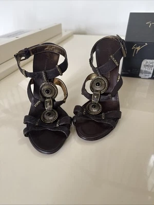 Womens Giuseppe Zanotti Design Brown Leather Jeweled High Heels Sandal Size 7.5 - Image 1 of 4