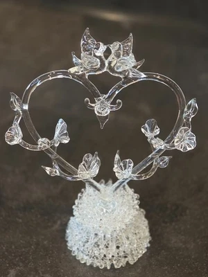 Vintage Hand Blown Ornate Glass Wedding Cake Topper Birds Vines 10.5 Tall Heart - Image 1 of 4