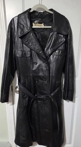 Vintage Trenchcoat schwarz Leder zweireihig Gürtel Punk Goth siehe Fotos - Bild 1 von 12