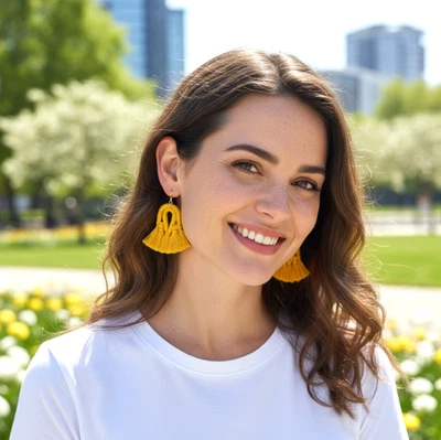 J. Jill Cotton Macramé Tassel Earrings Yellow Fringe Boho Statement Dangle Drop - Image 1 of 4