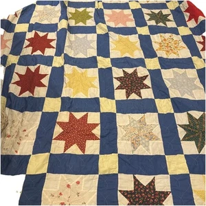 Hand & Machine Eight Point Star Flower Quilt Sewn 100 X 102 Vintage Folk Art - Picture 1 of 11