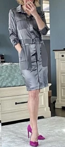 White House Black Market Collared Satin Silver/gray Dress Roll Sleeve Belted 2 - Picture 1 of 12