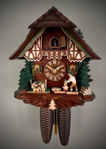cuckoo clock black forest 8 day original german  wood chopper new Cover