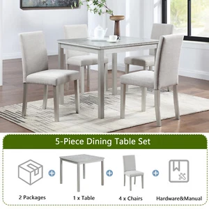5Pcs Dining Table Set Wooden Square w/ 4 Upholstered Chairs for Kitchen Silver - Picture 1 of 11
