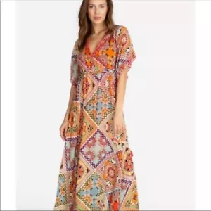Vestido Johnny Was Jade Thalia Caftán Playa Maxi Seda Bohemio Patchwork Resort L - Imagen 1 de 11