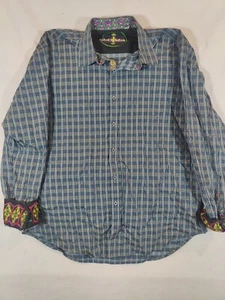 Robert Graham Shirt Men 2XL Button Up Flip Cuff Embroidered Check Blue Cotton - Picture 1 of 8