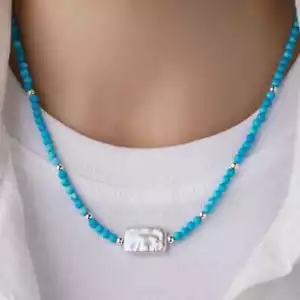 6MM natural turquoise necklace 18" Freshwater pearl pendant Beaded Elegant - Foto 1 di 12