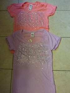 VICTORIAS SECRET PINK BLING SEQUIN BURST "PINK" CUFFED SCOOPNECK TEESHIRT NWT - Picture 1 of 3