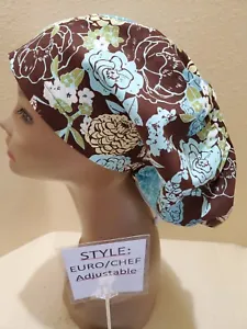 Flowers (brown&tourq) Women's  Euro/Chef Surgical Scrub Hat/Cap Handmade - Picture 1 of 6