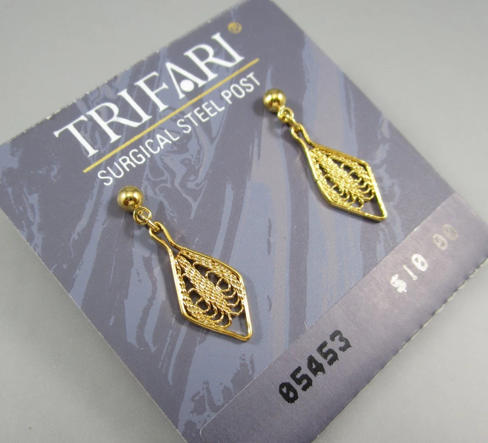 Vintage TRIFARI Gold Tone Filigree Dangling Post Earrings 7/8"