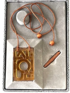 Lalique Crystal Topaz Amber Art Deco Logo Block Print Necklace Pendant NIB - Picture 1 of 8