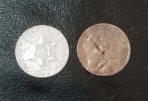 U.S. SILVER THREE CENTS COINS 1853 & 1854 Cover