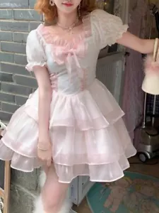 Rosa Kawaii Lolita Kleid Damen Puffärmel japanisches Minikleid Schleife Feenkleid - Bild 1 von 13